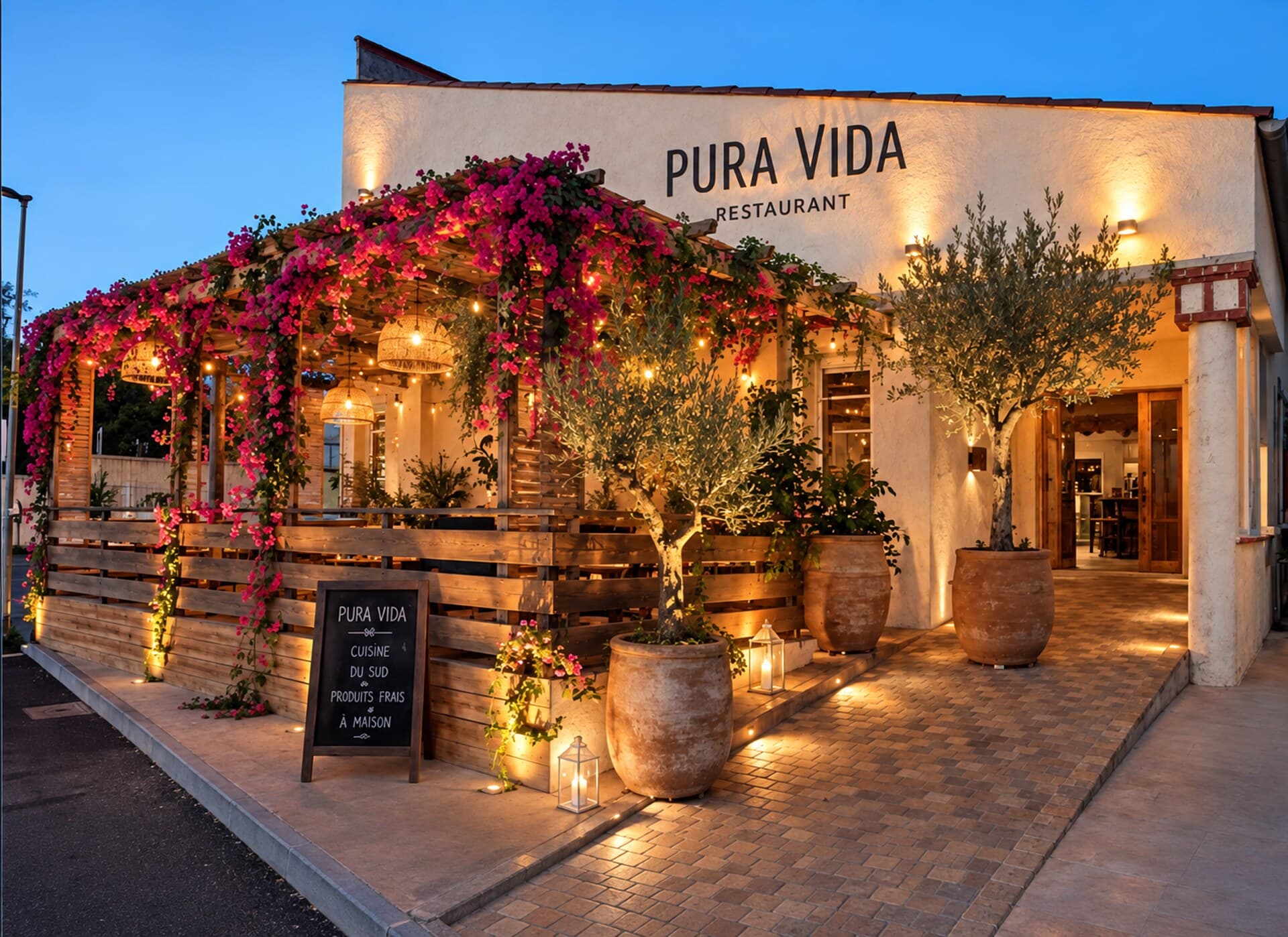 Façade du restaurant Pura Vida au coucher du soleil